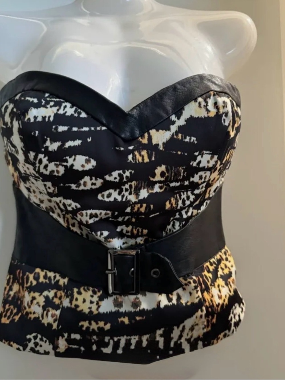 bebe Black and Tan Strapless Animal-Print Bustier with Belt